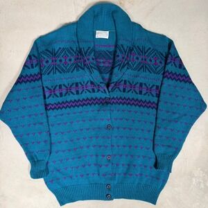 70's Pendleton Vintage Wool Shawl Cardigan Sweater Mens Large Teal Fair Isle USA